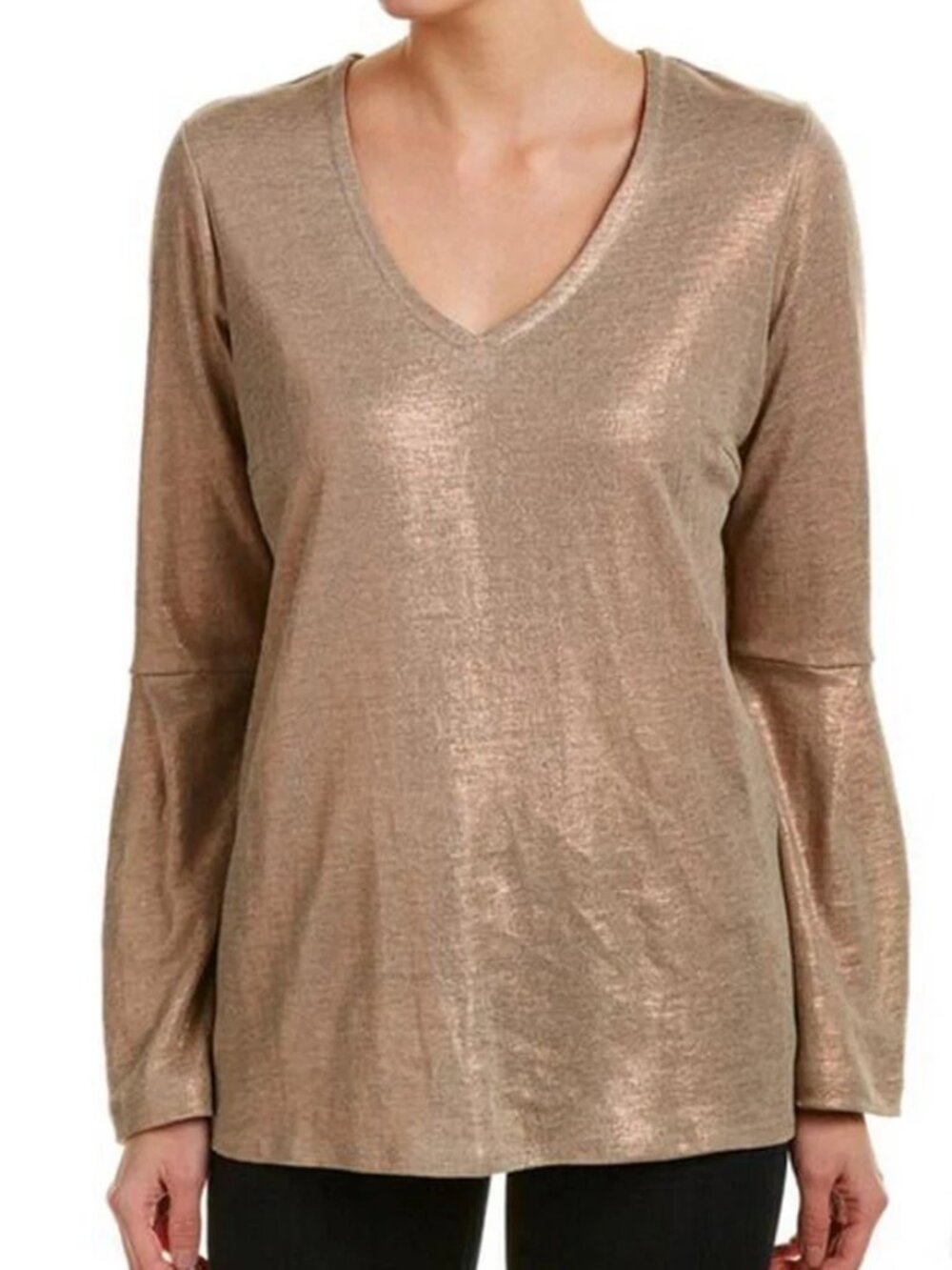 DREW Shay Gold Metallic Linen V Neck Belle Sleeve Top NWT